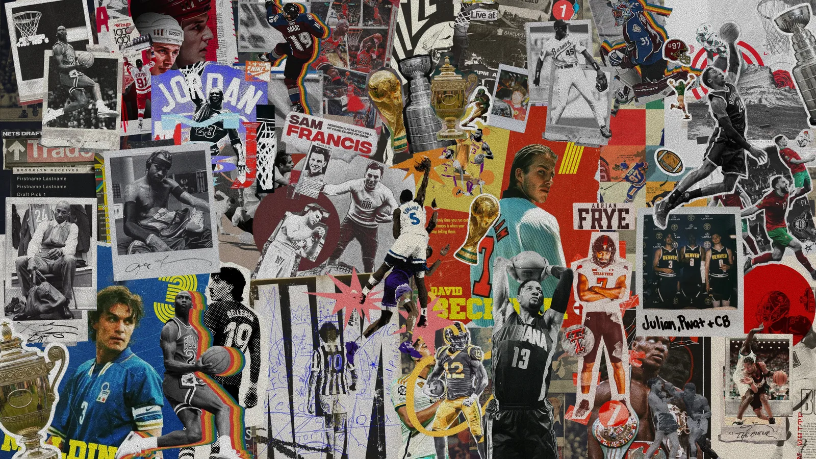 A dense collage of sporting history — trophies, clippings and players cut out and layered over one another.
